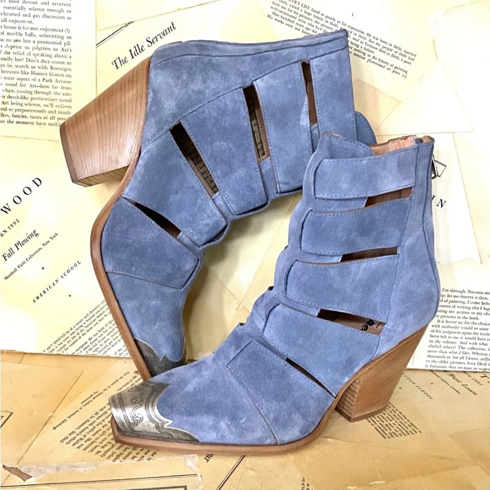 Free People Brayden Fisherman Boot Suede Pewter Etch Tip Boardwalk Blue